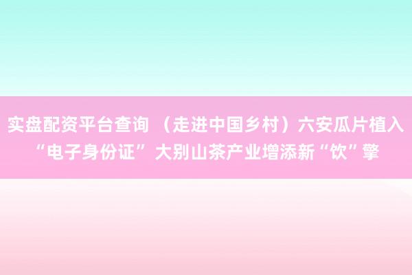 实盘配资平台查询 （走进中国乡村）六安瓜片植入“电子身份证” 大别山茶产业增添新“饮”擎